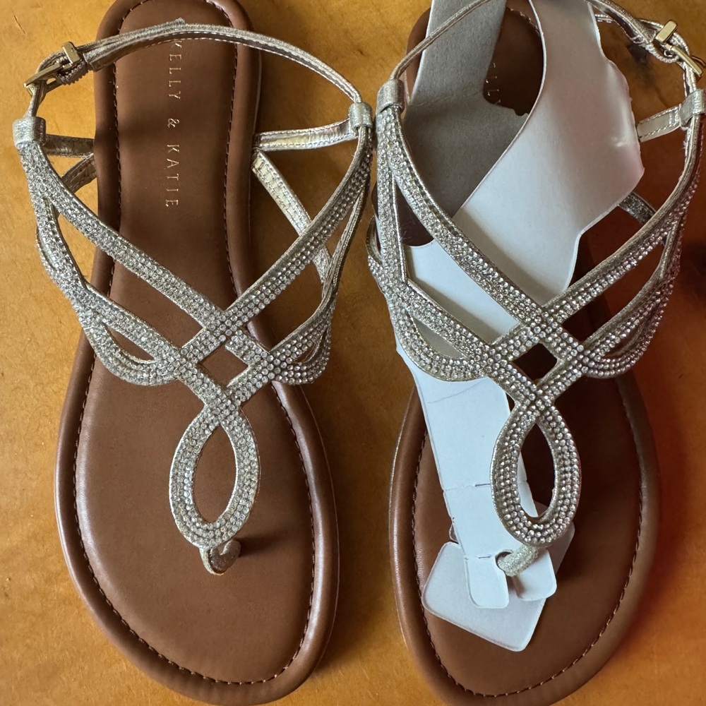 Kelly & Katie Gold Strappy Sandals with Rhinestone Embellishments